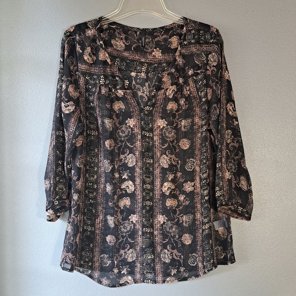 Maurices - Black & Tan 3/4 Sleeve Floral Top Blouse, Size Large